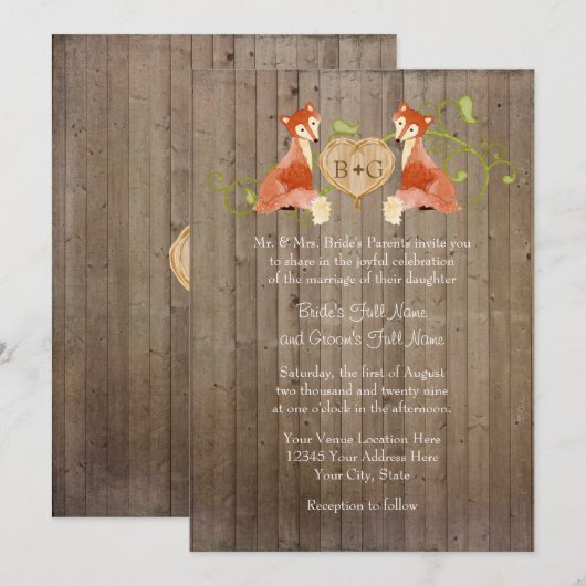 Woodland Animal Creatures, Fox n Vines Weddings Kaart (Voorkant / Achterkant)