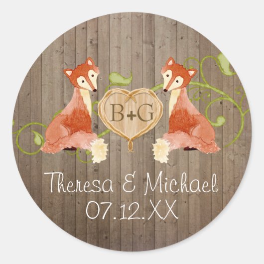 Woodland Animal Creatures, Fox n Vines Weddings Ronde Sticker (Voorkant)