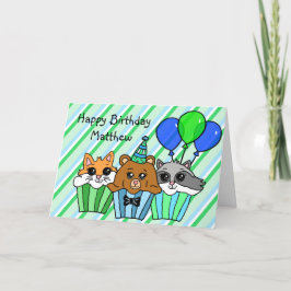 Woodland Animal Cupcakes, Fox, Raccoon en Beer Kaart