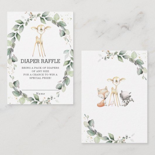 Woodland Animal Deer Greenery Wreath Diaper Raffle Informatiekaartje (Voorkant / Achterkant)