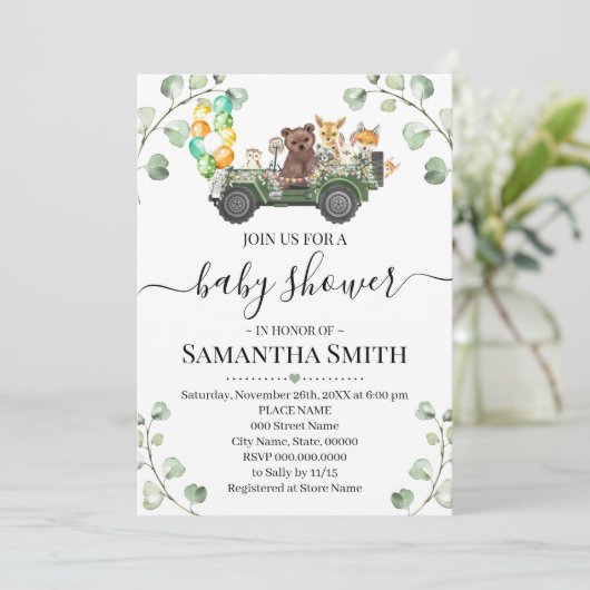 Woodland Animal Drive door Baby shower Kaart (Staand voorkant)