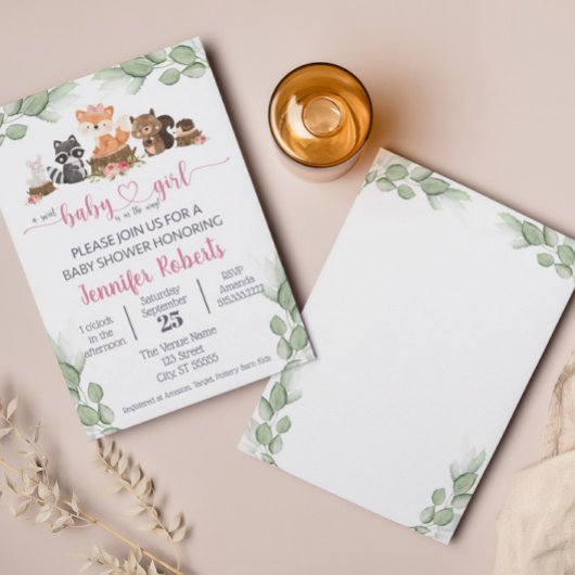 Woodland Animal Eucalyptus Pink Baby shower Kaart