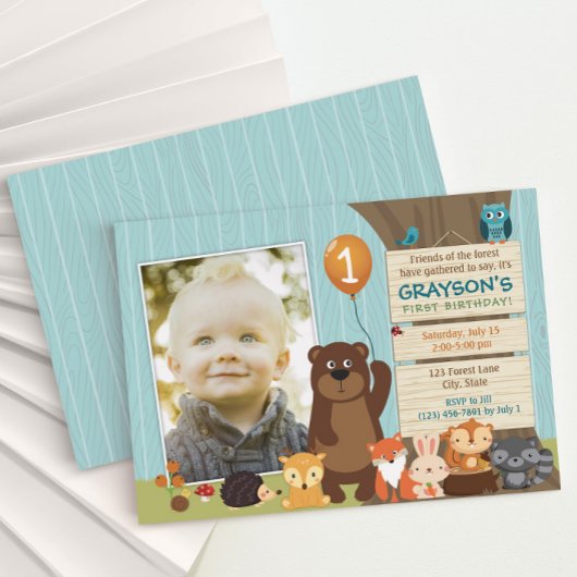 Woodland Animal First Birthday Invitation Kaart