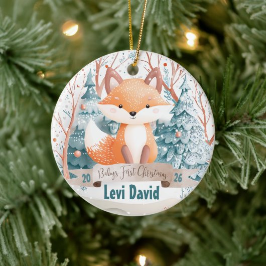 Woodland Animal Fox Boho Boy Baby's 1e Kerstmis Keramisch Ornament (Boom)
