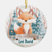 Woodland Animal Fox Boho Boy Baby's 1e Kerstmis Keramisch Ornament (Voorkant)