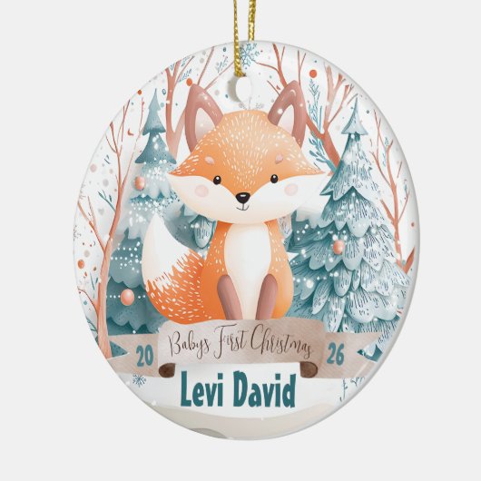 Woodland Animal Fox Boho Boy Baby's 1e Kerstmis Keramisch Ornament (Links)