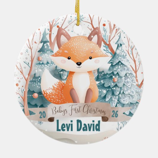 Woodland Animal Fox Boho Boy Baby's 1e Kerstmis Keramisch Ornament (Achterkant)