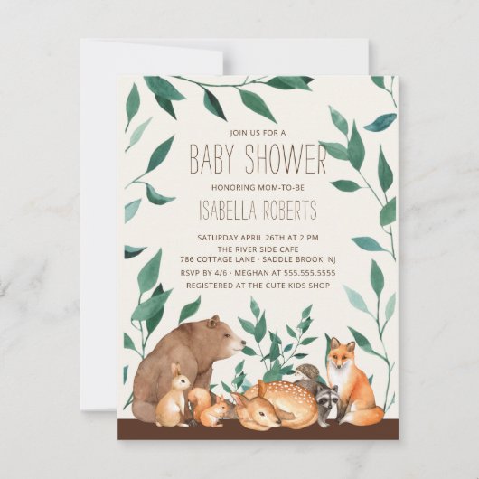 Woodland Animal Friends Baby shower Invitation Kaart (Voorkant)