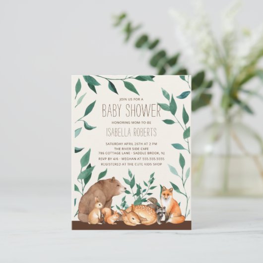Woodland Animal Friends Baby shower Invitation Kaart (Staand voorkant)