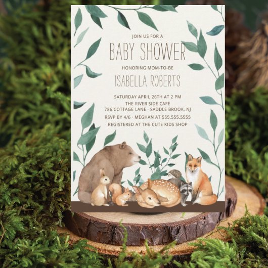 Woodland Animal Friends Baby shower Invitation Kaart