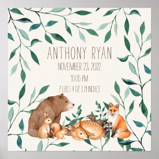 Woodland Animal Friends Birth Stats Poster (Voorkant)