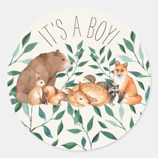 Woodland Animal Friends Het is een jongen Ronde Sticker (Voorkant)