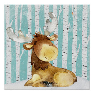 Woodland Animal Friends in Winter Forest- Deer Perfect Poster