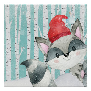 Woodland Animal Friends in Winter Forest-Racoon Perfect Poster