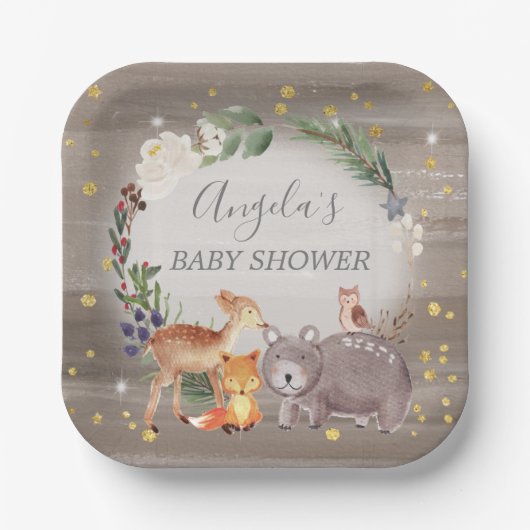 Woodland Animal Friends Sparkle Baby shower Papieren Bordje (Voorkant)