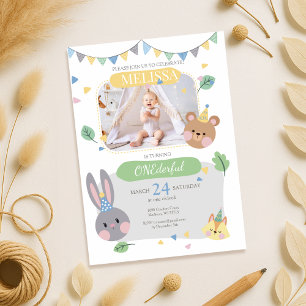 Woodland Animal Girl's 1e verjaardag uitnodiging