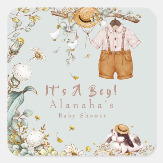 Woodland Animal Greenery Rustic Boy Vierkante Sticker (Voorkant)