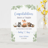 Woodland Animal New Baby Boy Blue Gefeliciteerd Kaart (Gele Bloem)