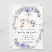 Woodland Animal Paars Floral Greenery Birthday Kaart (Voorkant)