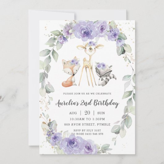 Woodland Animal Paars Floral Greenery Birthday Kaart (Voorkant)