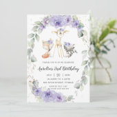 Woodland Animal Paars Floral Greenery Birthday Kaart (Staand voorkant)