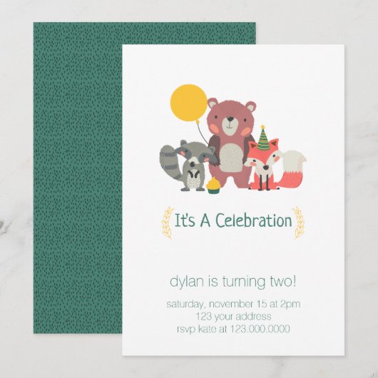 Woodland Animal Party Invitation Kaart (Voorkant / Achterkant)