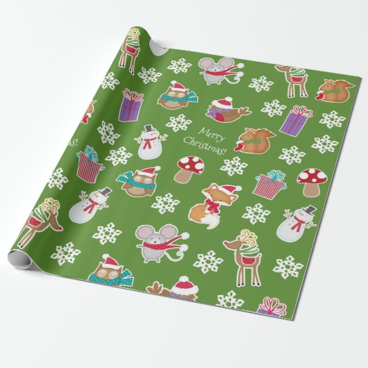Woodland Animal Pattern Green Merry kerst Cadeaupapier (Uitgerold)