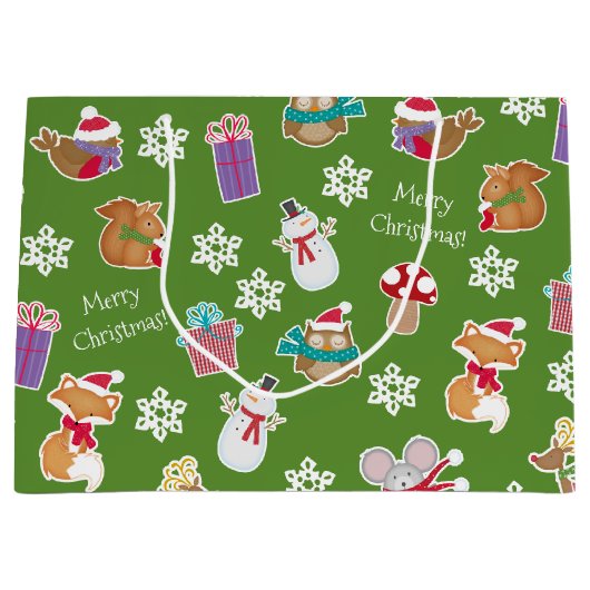 Woodland Animal Pattern Green Merry kerst Groot Cadeauzakje (Voorkant)