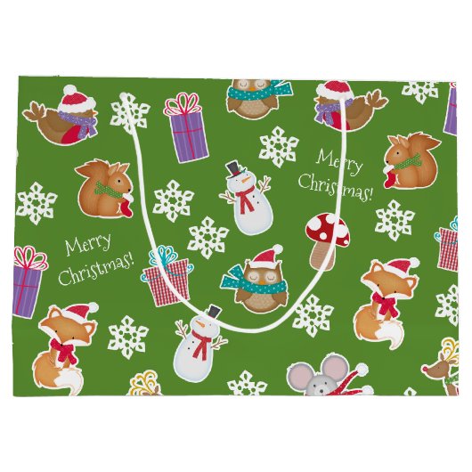 Woodland Animal Pattern Green Merry kerst Groot Cadeauzakje (Achterkant)