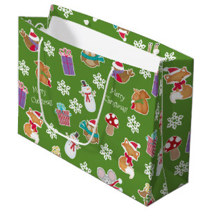 Woodland Animal Pattern Green Merry kerst Groot Cadeauzakje
