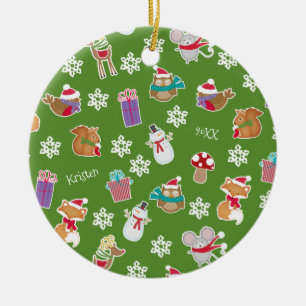 Woodland Animal Pattern Green Merry kerst Keramisch Ornament