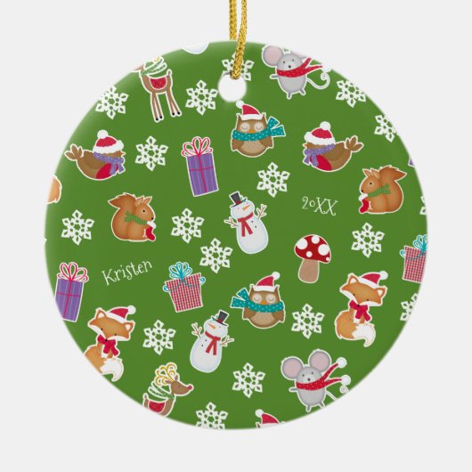 Woodland Animal Pattern Green Merry kerst Keramisch Ornament (Voorkant)