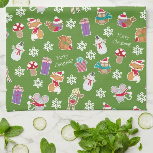Woodland Animal Pattern Green Merry kerst Theedoek (Gevouwen)