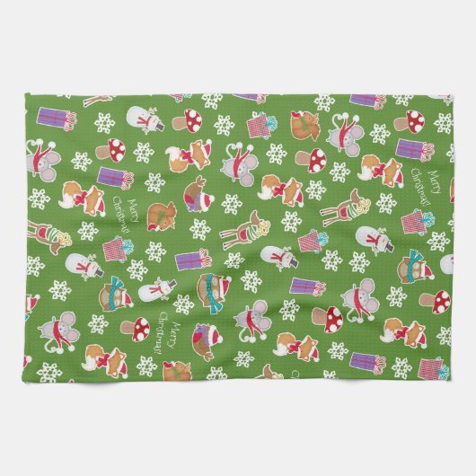 Woodland Animal Pattern Green Merry kerst Theedoek (Horizontaal)