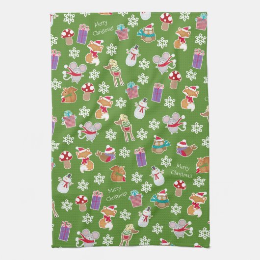 Woodland Animal Pattern Green Merry kerst Theedoek (Verticaal)