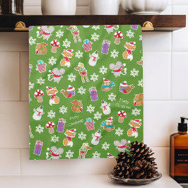 Woodland Animal Pattern Green Merry kerst Theedoek
