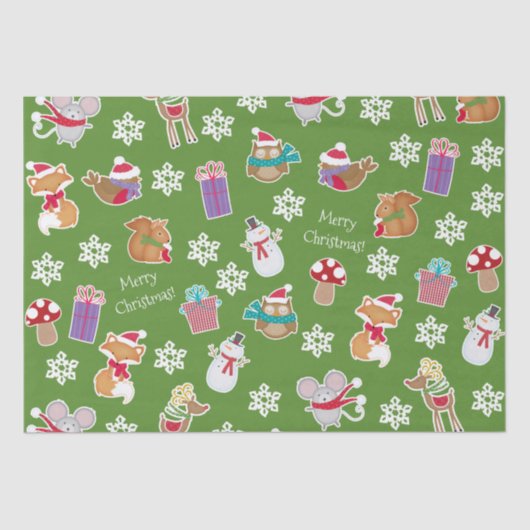 Woodland Animal Pattern Green Merry kerst Tissuepapier (Voorkant)
