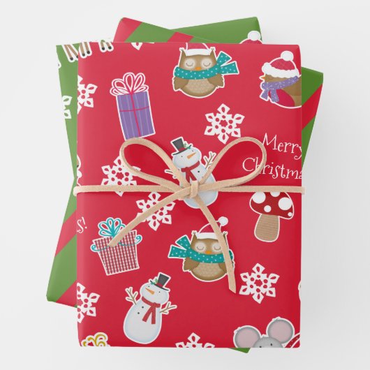 Woodland Animal Pattern Red Green Merry kerst Inpakpapier Vel (In situ)