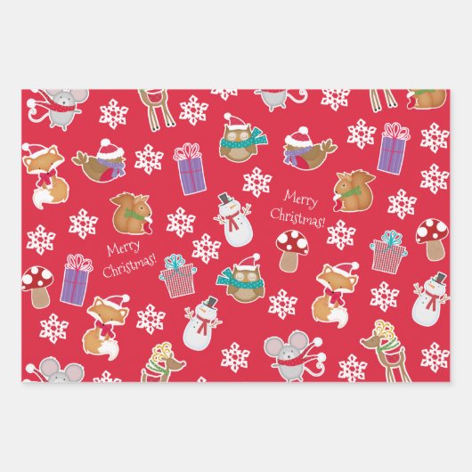 Woodland Animal Pattern Red Green Merry kerst Inpakpapier Vel (Voorkant)