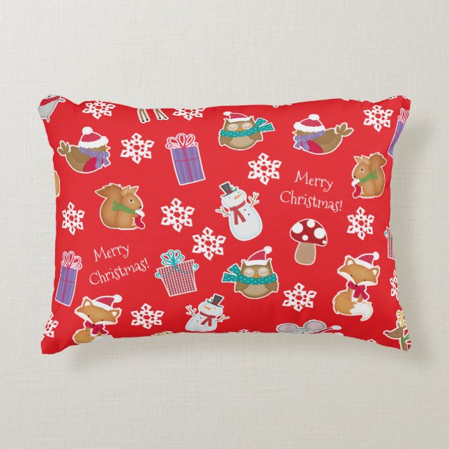Woodland Animal Pattern Red Merry kerst Accent Kussen (Voorkant)