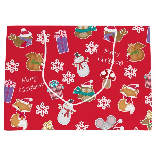 Woodland Animal Pattern Red Merry kerst Groot Cadeauzakje (Voorkant)