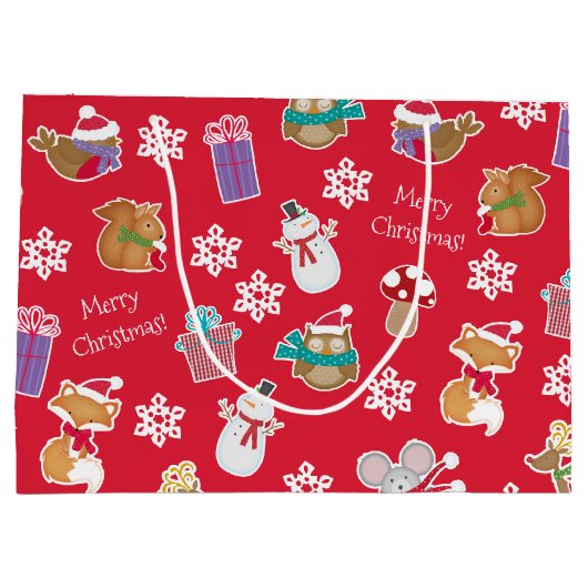 Woodland Animal Pattern Red Merry kerst Groot Cadeauzakje (Achterkant)