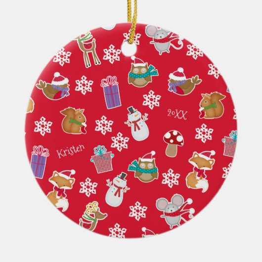 Woodland Animal Pattern Red Merry kerst Keramisch Ornament (Voorkant)