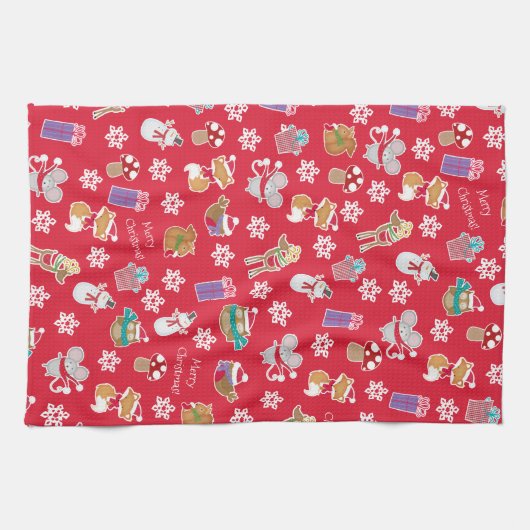 Woodland Animal Pattern Red Merry kerst Theedoek (Horizontaal)