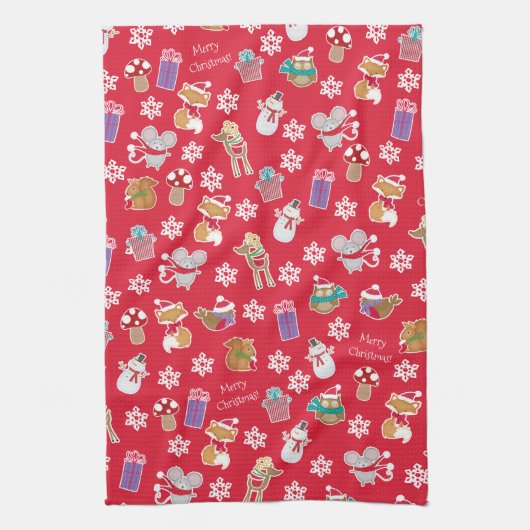 Woodland Animal Pattern Red Merry kerst Theedoek (Verticaal)