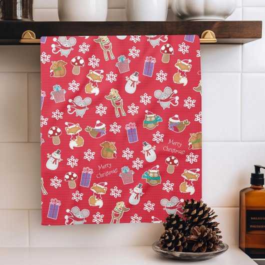 Woodland Animal Pattern Red Merry kerst Theedoek