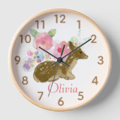 Woodland Animal Pink Floral Wood Nursery Clock (Voorkant)
