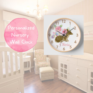 Woodland Animal Pink Floral Wood Nursery Clock