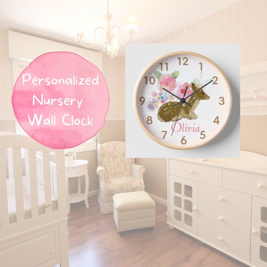 Woodland Animal Pink Floral Wood Nursery Clock