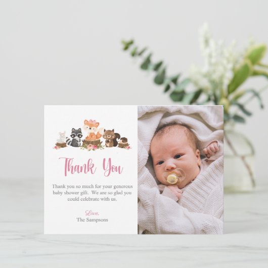Woodland Animal Pink Pastel Floral Baby shower Bedankkaart (Staand voorkant)